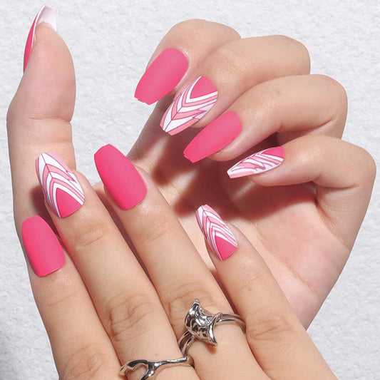 Summer Flair Medium Coffin Matte Pink Press-On Nails with Geometric White Accent Design