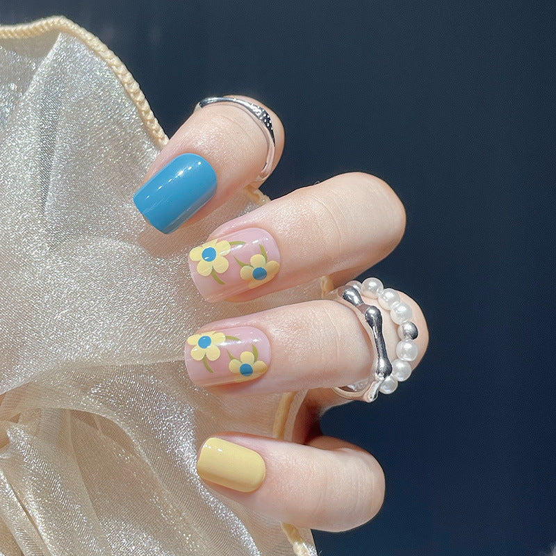Spring Blossom Collection Short Square Multicolor Press On Nail Set with Floral Accents