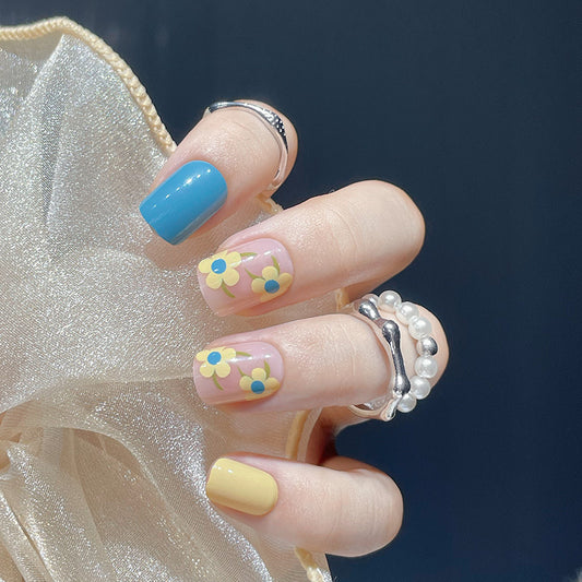 Spring Blossom Collection Short Square Multicolor Press On Nail Set with Floral Accents