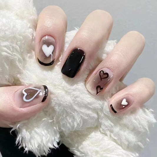 Valentine's Romance Medium Coffin Black and Beige Press On Nails with Heart Accents and Glitter Detail