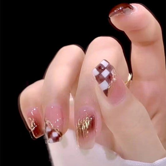 Autumn Elegance Medium Coffin Burgundy and Transparent Checkered Press On Nail Set with Gold Foil Accents