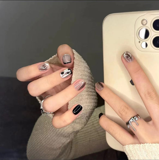 Elegant Swirls Short Squoval Grey and Black Marble Effect Press On Nail Set With Glossy Finish