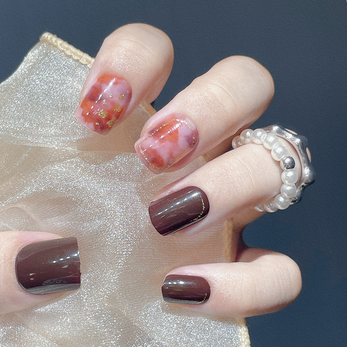 Autumn Elegance Medium Length Square Burgundy & Glitter Accented Press On Nail Set