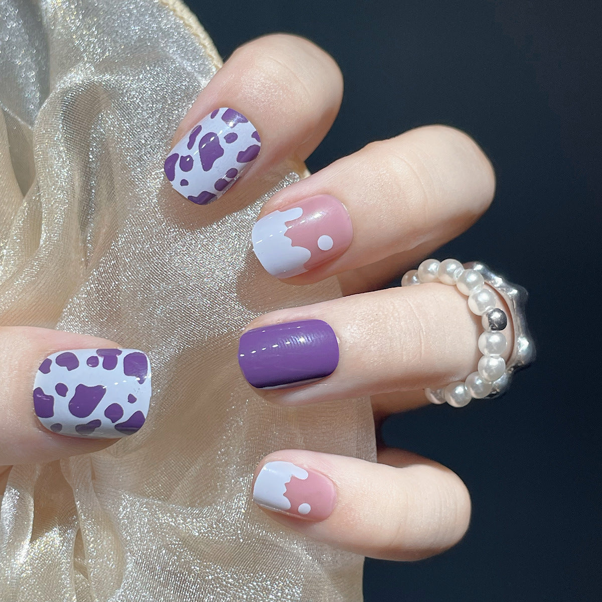 Elegant Lavender Splendor Medium Squoval Press On Nails with Purple Accents and Milk-White Drip Design