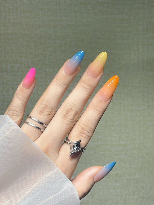 Sunset Ombre Long Almond Multicolor Gradient Press On Nail Set with Easy Application Design