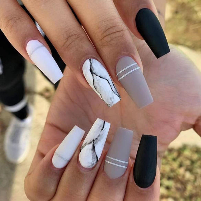 Marble Elegance Long Coffin Shape Press On Nail Set in White and Grey with Matte Finish and Glossy Accents