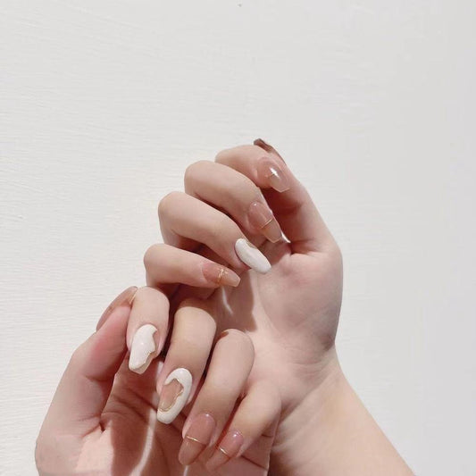 Elegant Bridal Collection Medium Coffin Beige Press On Nails with White Accent and Pearl Detail