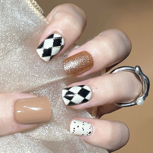 Autumn Elegance Medium Squoval Black White and Bronze Glitter Mixed Designs Press On Nail Set with Geometric Accents