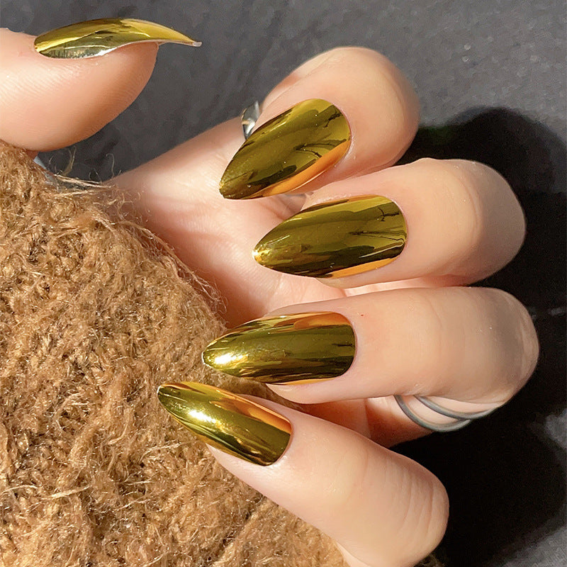 Luxurious Olive Elegance Short Almond Glossy Green Press On Nail Set with Marble Accent