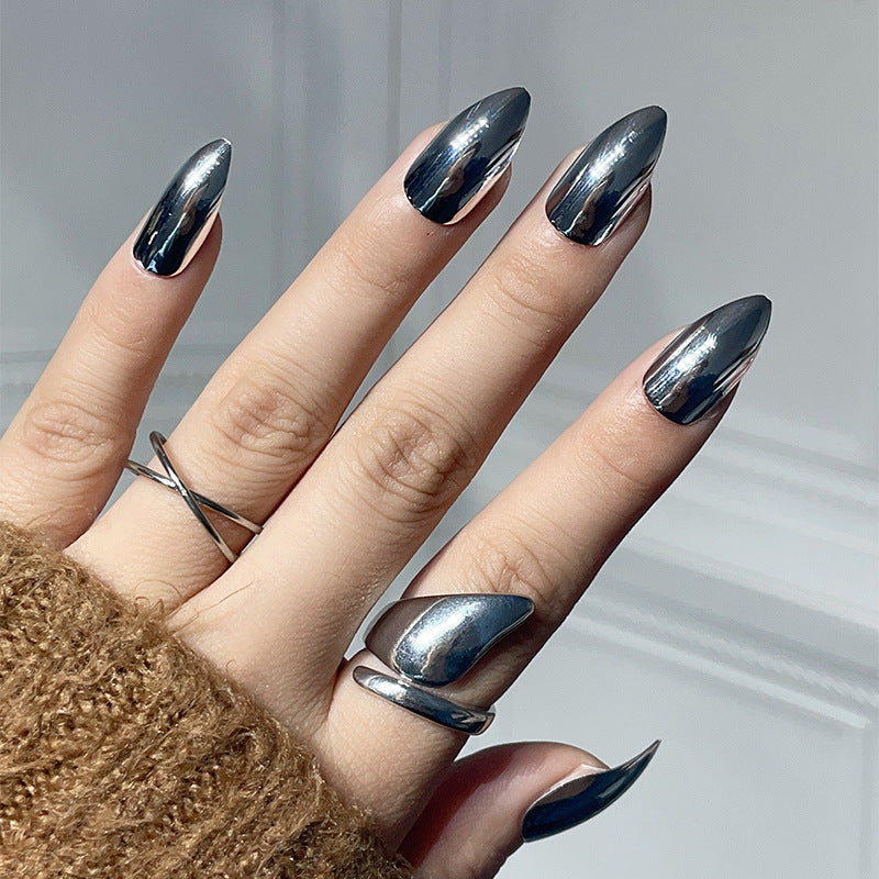 Cosmic Chrome Glamour Short Almond Silver Press On Nails with Mirror Finish