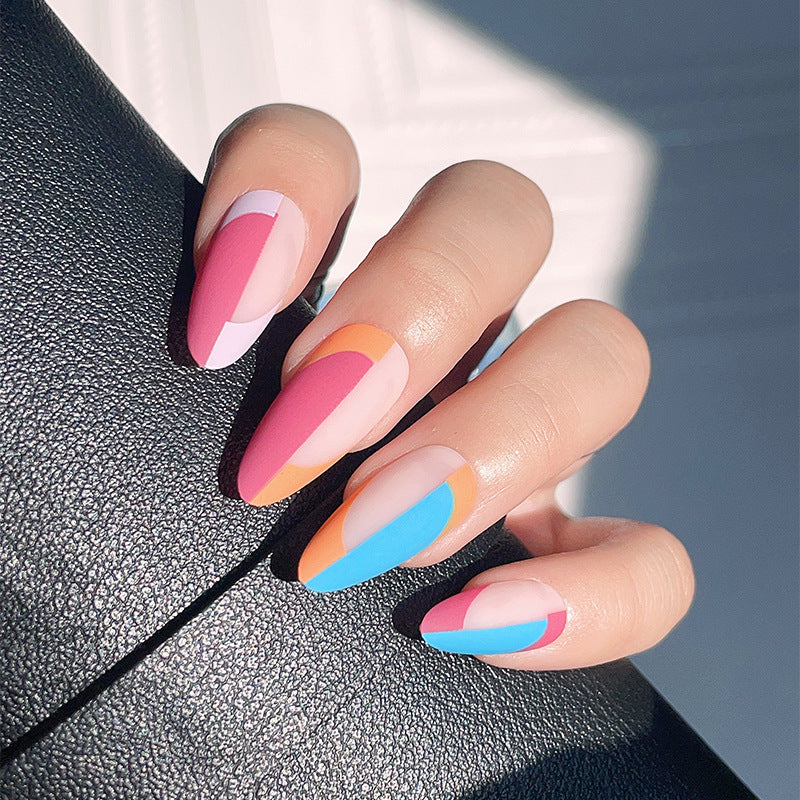 Summer Sorbet Long Almond Multicolor Geometric Pattern Press On Nail Set