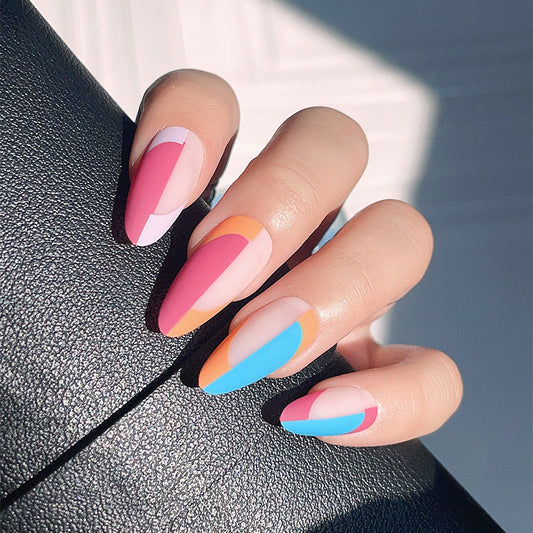 Summer Sorbet Long Almond Multicolor Geometric Pattern Press On Nail Set