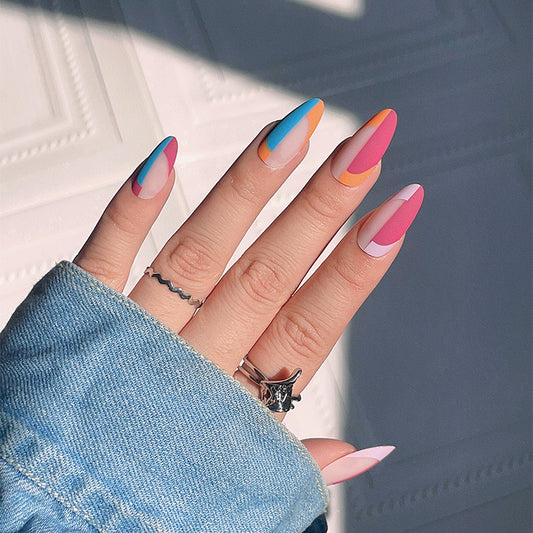 Summer Splash Long Almond-Shaped Press On Nails in Multicolor Pastel with Geometric Accents