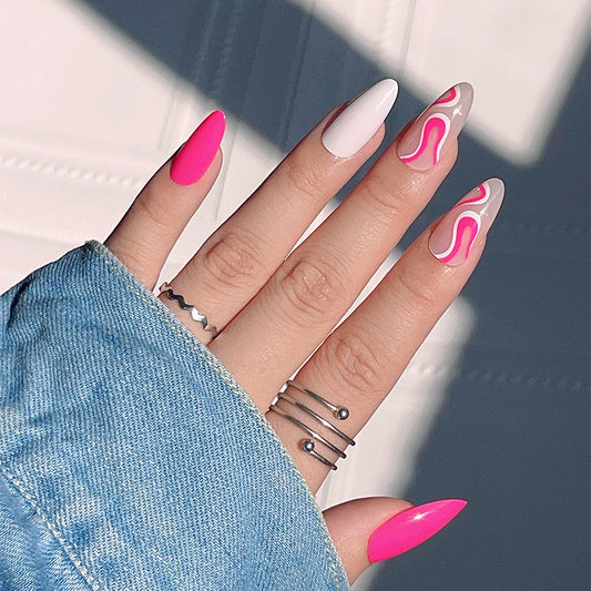 Urban Chic Long Almond Pink and White Press On Nails with Swirl Accent Design