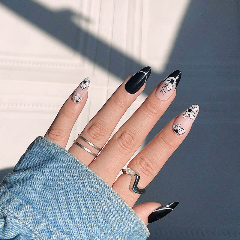 Enchanted Garden Long Almond Black and White Press On Nail Set with Floral Accents