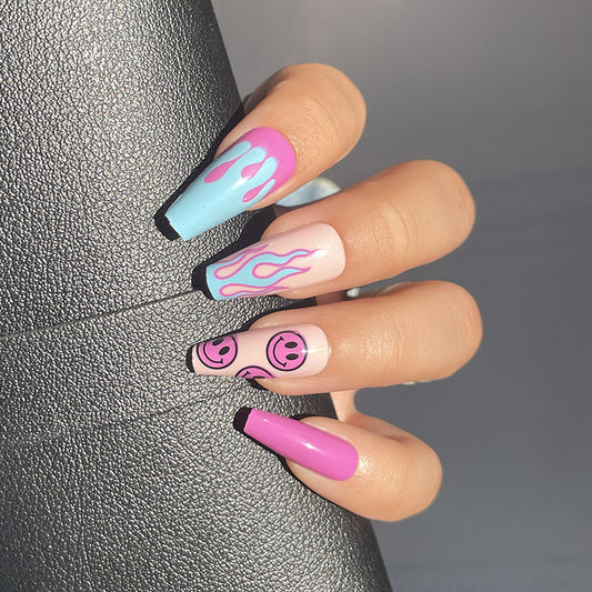Funky Y2K Vibes Long Coffin Pastel Multicolored Press On Nail Set with Smiley Faces Design