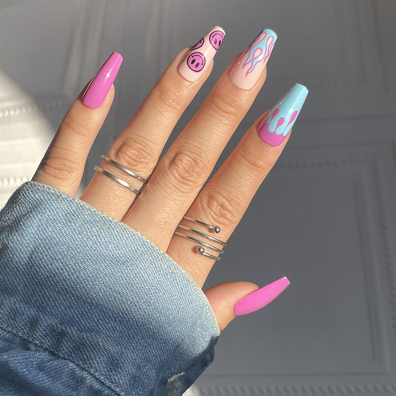 Candy Swirl Fantasy Long Coffin Press On Nail Set Pink and Blue Gradient with Playful Spiral Accents