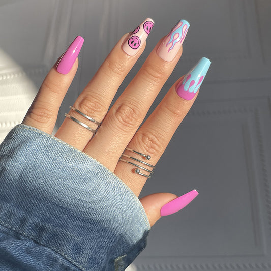 Candy Swirl Fantasy Long Coffin Press On Nail Set Pink and Blue Gradient with Playful Spiral Accents
