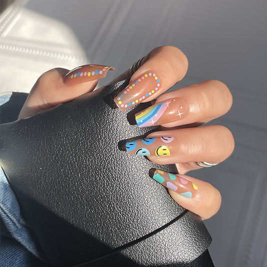Boho Chic Extra Long Coffin Press On Nails with Multicolor Palette and Whimsical Emoji Accents