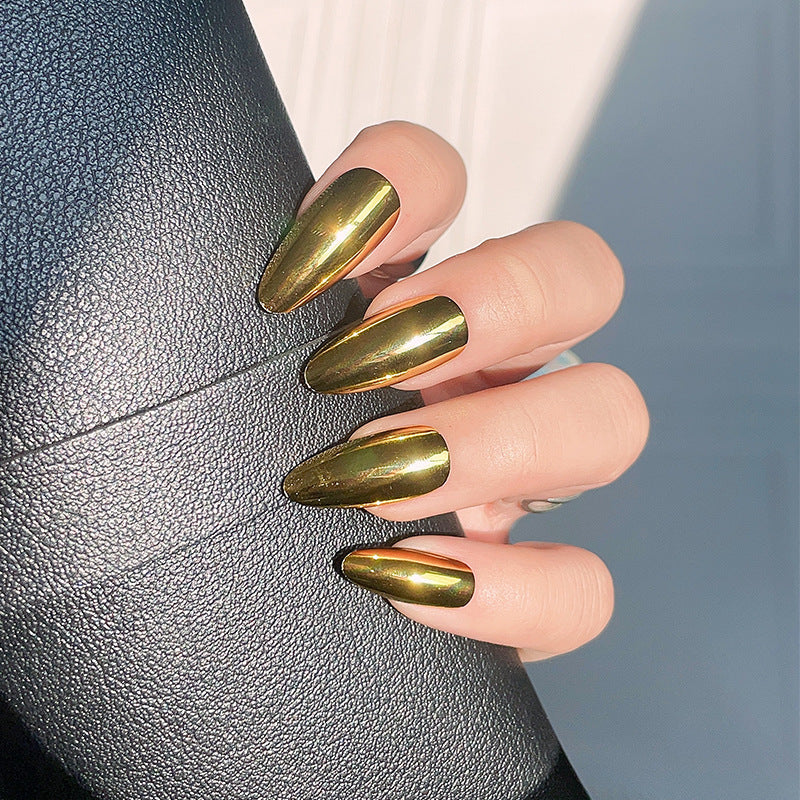 Enchanted Glow Long Almond Olive Green Mirror Shine Press On Nail Set