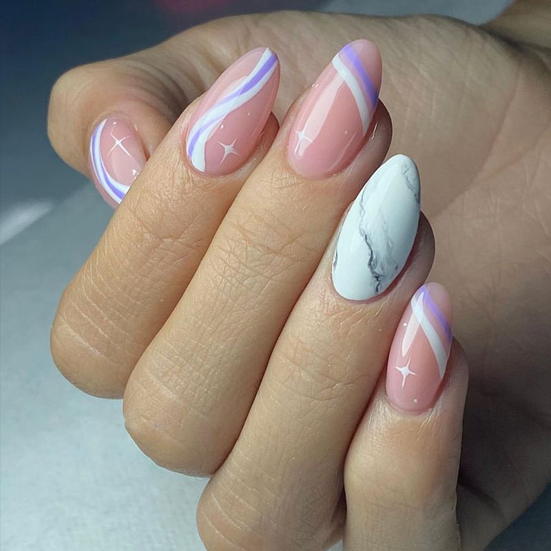 Starry Chic Almond Medium Press On Nail Set in Pastel Pink and White with Marble Accents