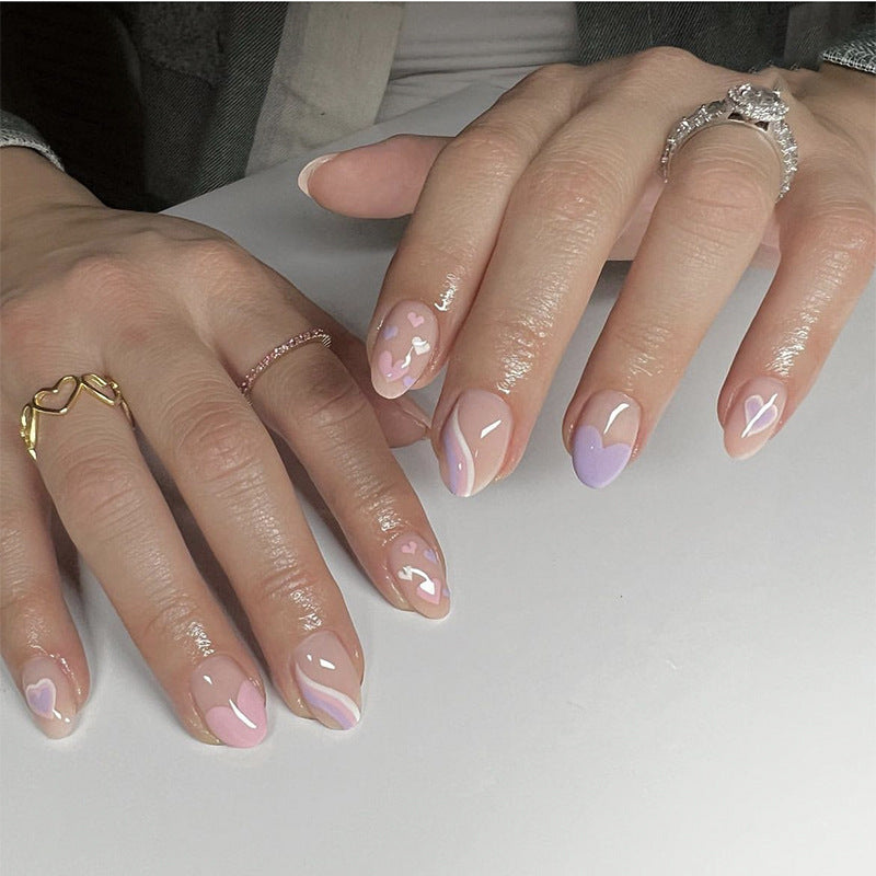 Enchanted Romance Short Almond Pastel Pink and Lavender Press On Nail Set with Heart Accents