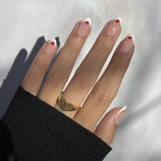 Valentine's Day Romance Medium Squoval Shaped Press On Nails in Beige with Red Heart Accents