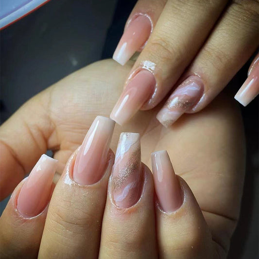 Going Somewhere Medium Coffin Pink Marble Press On Nails