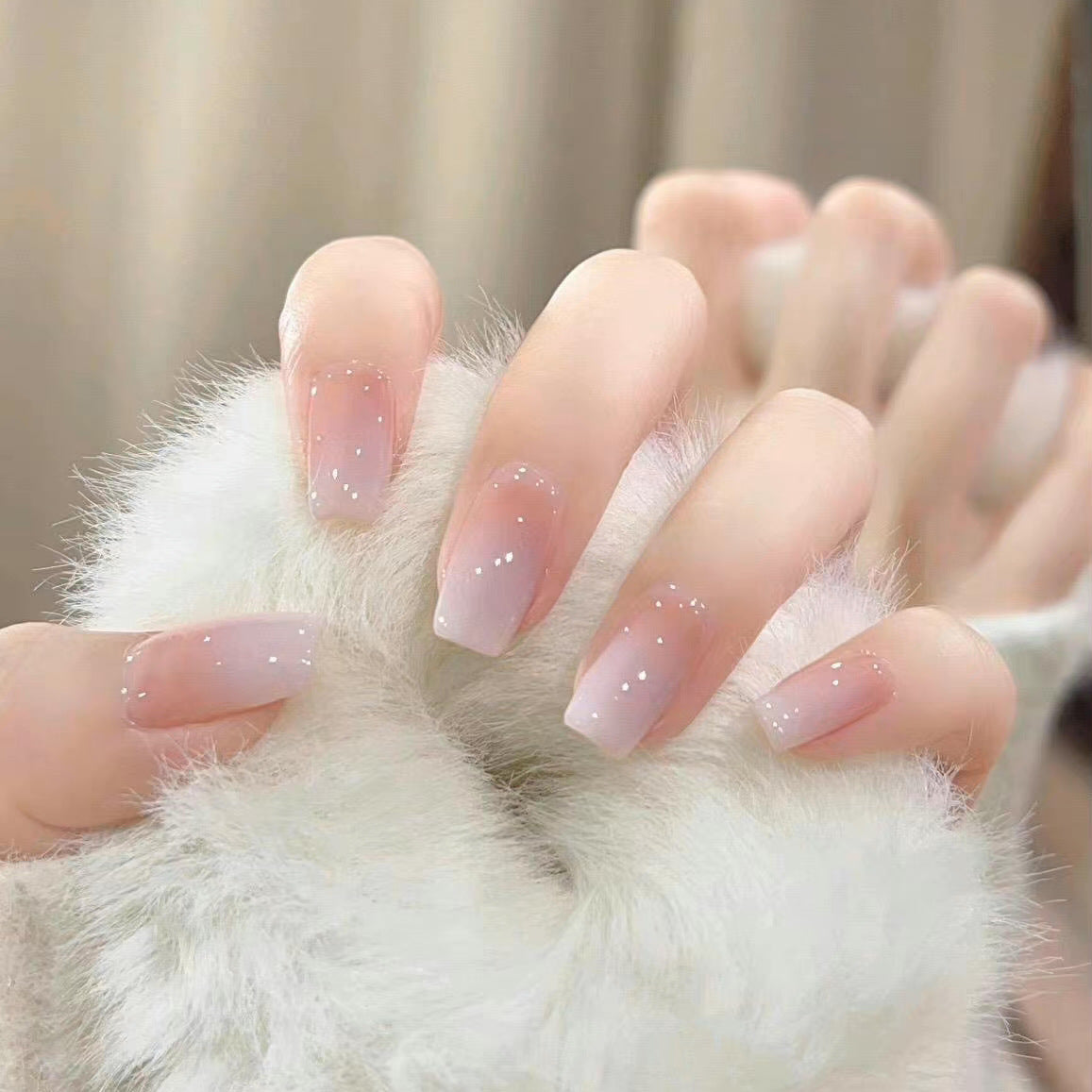 Starry Elegance Medium Square Pale Pink Press On Nail Set with Glitter Accents