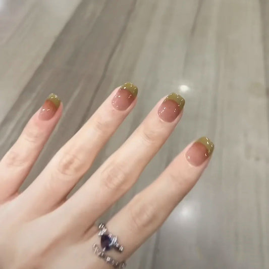 Elegant Autumn Ombre Short Square Burgundy to Gold Gradient Press On Nail Set with Sparkling Accents