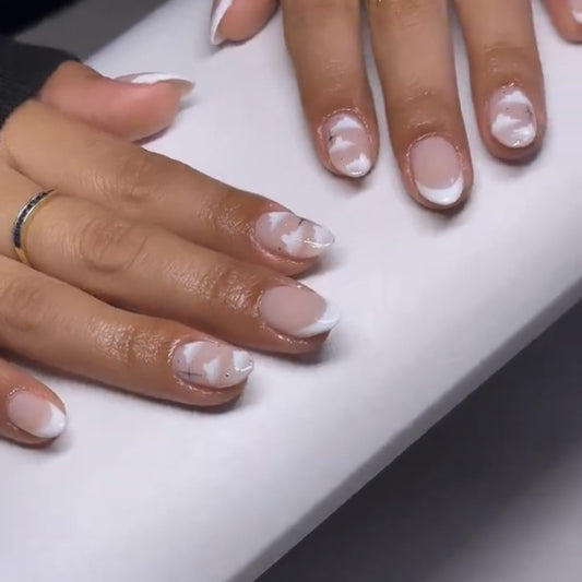 Elegant Marble Elegance Short Almond Beige and White Press On Nail Set with Artistic Vein Detail