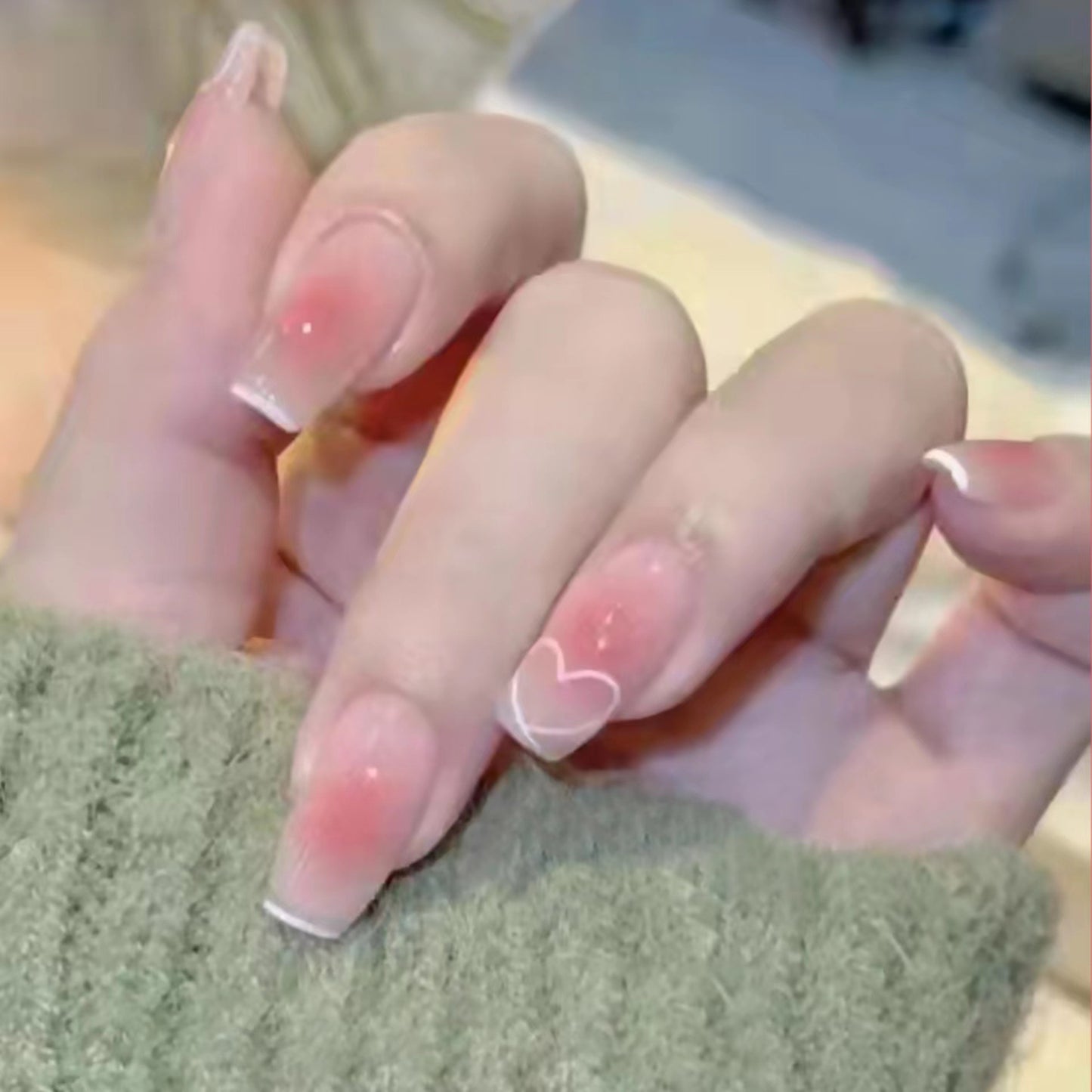 Sweet Romance Medium Coffin Pink Press On Nails with White Heart Accent Tips