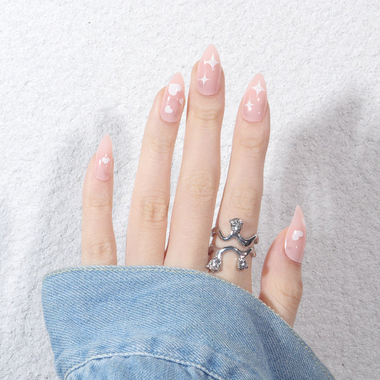 Stargazer Blush Medium Almond Pink Press On Nail Set with Glossy Star and Heart Accents