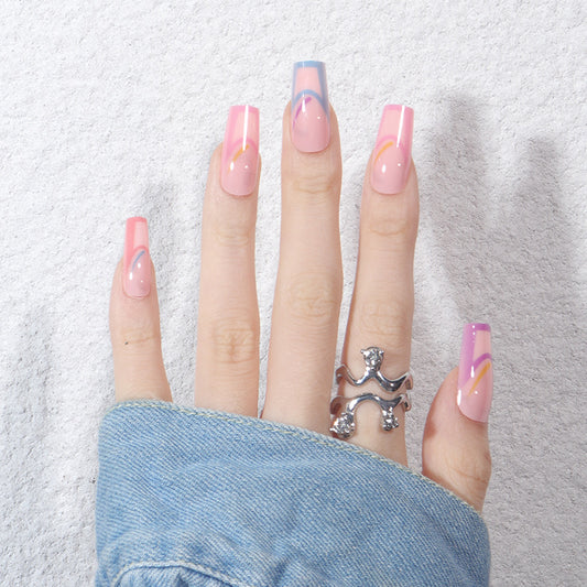 Sunset Ombre Medium Square Press On Nail Set in Pink and Blue with Accent Lightning Bolt Design