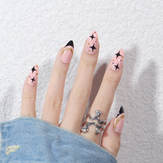 Starry Night Elegance Medium Almond Pink and Black Press On Nails with Gold Accents