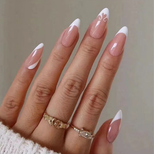 Elegant French Manicure Long Almond Pink and White Press On Nail Set with Swirl Accents
