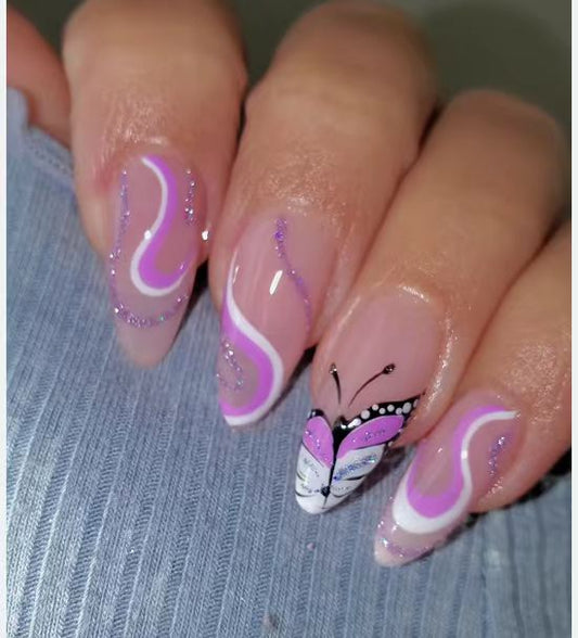 Butterfly Dream Medium Almond Beige Press On Nails with Purple Accents and Glitter Detail
