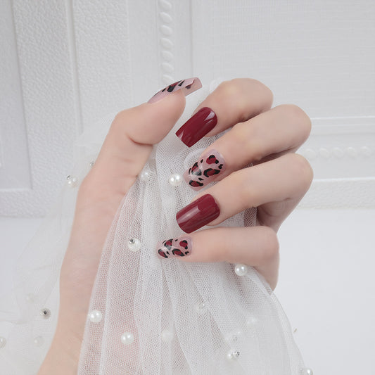 Glamorous Leopard Print Medium Square Burgundy Press On Nail Set with Patterned Accents