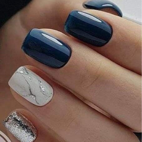 Elegant Evening Short Square Midnight Blue and Silver Glitter Accent Press On Nail Set