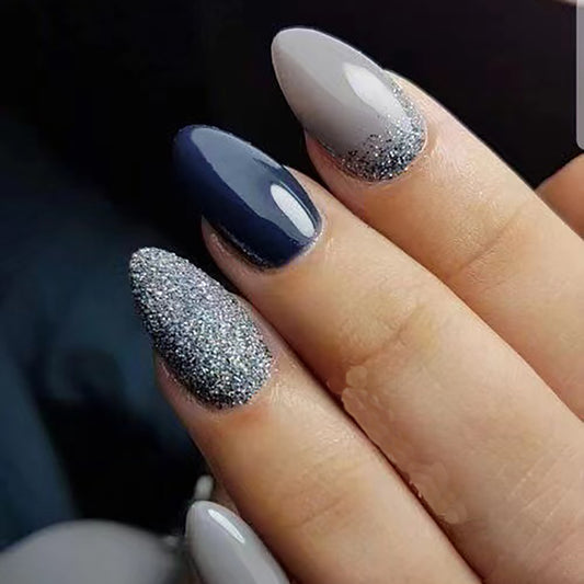 Midnight Sparkle Medium Almond Gray and Navy Blue Press On Nail Set with Glitter Accent
