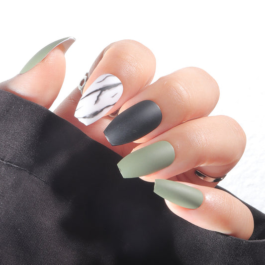 Urban Elegance Medium Coffin Shape Matte Black and Olive Green Press on Nails with Marble Accent
