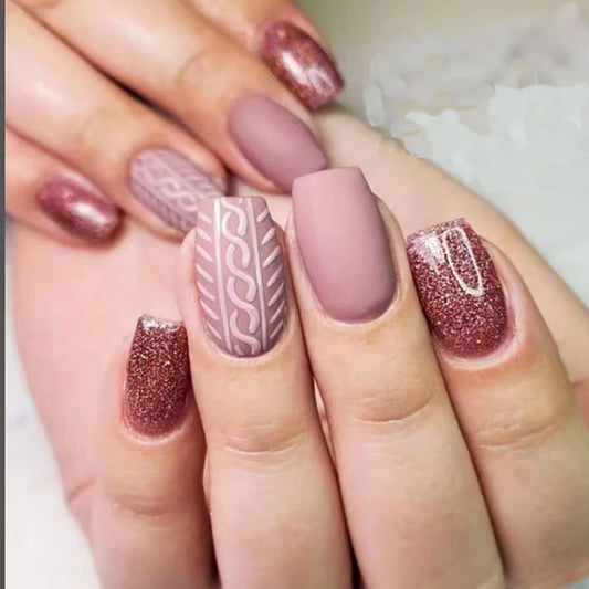 A set of press-on nails featuring a medium square shape in a red glitter design.