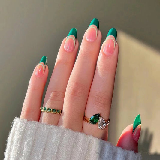 The Best Sister Medium Oval Green French Tips Press On Nails