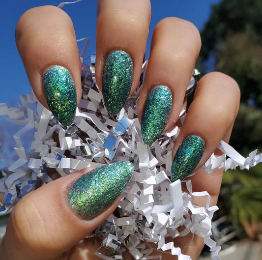 License To Slay Medium Almond Green Glitter Press On Nails