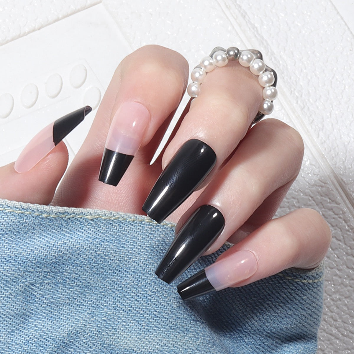 Own Risk Long Coffin Black Bold Press On Nails
