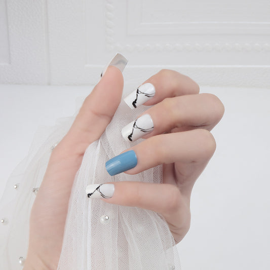 Elegant Marble Elegance Medium Square Blue and White Press on Nail Set with Unique Abstract Design