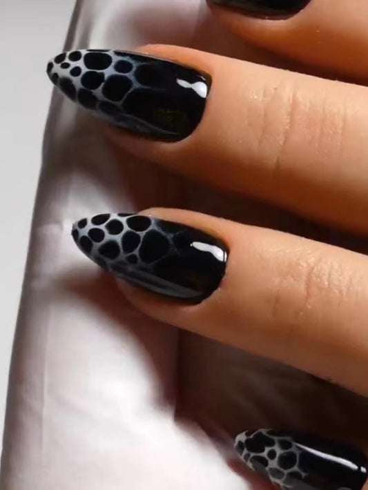 Sounds Slay Medium Almond Black Snakeskin Press On Nails