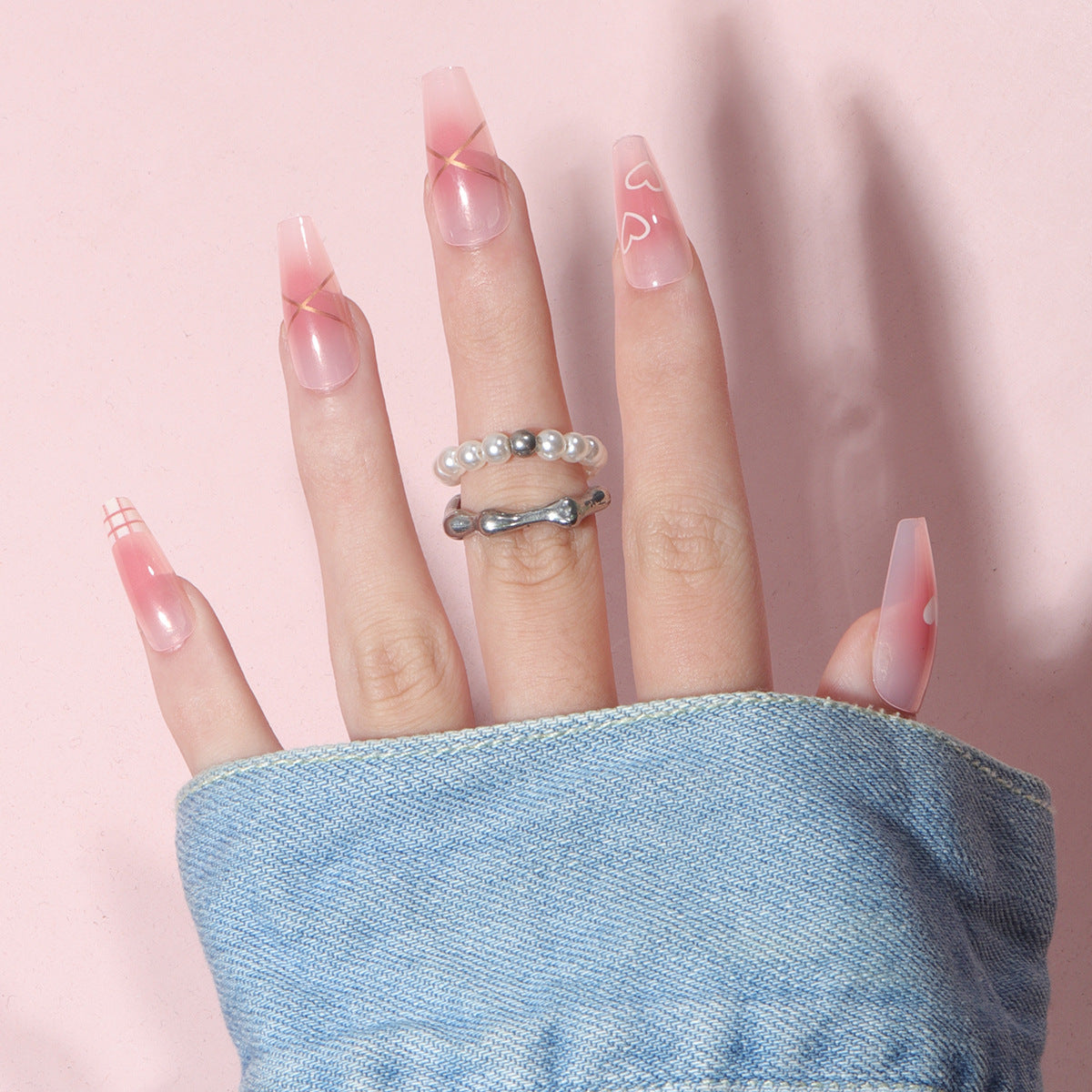 Elegant Affair Long Coffin Pink Ombre Press On Nail Set with Heart Accents