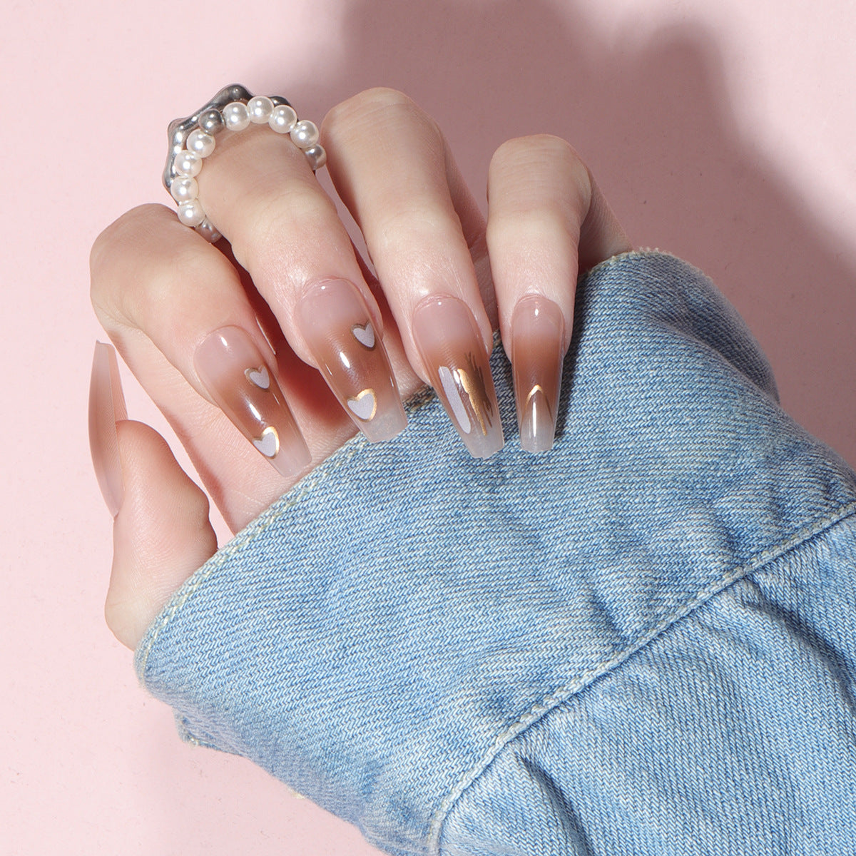 Elegant Romance Long Coffin Beige Press On Nails with Gold Heart Accents and Metallic Feature