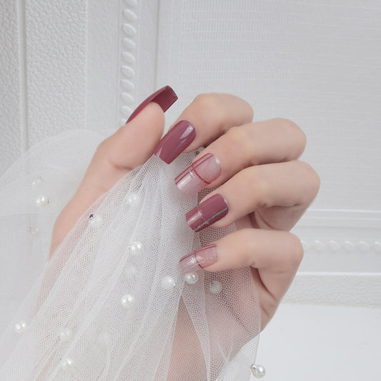 Elegant Evening Medium Square Burgundy Press On Nail Set with Glitter Accent